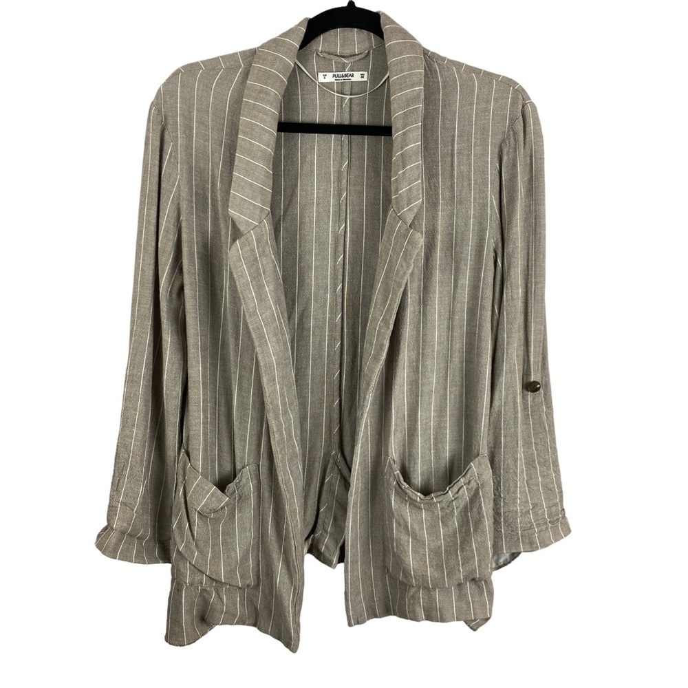 ✨3/$21✨ Pull & Bear Striped Linen Blend Blazer Cardigan Taupe Small